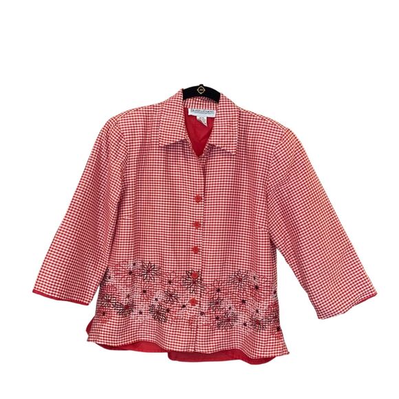 Drapers and Damons Womens Red Silk Flower Embroidered Gingham Shirt 14P Classic - Picture 1 of 9